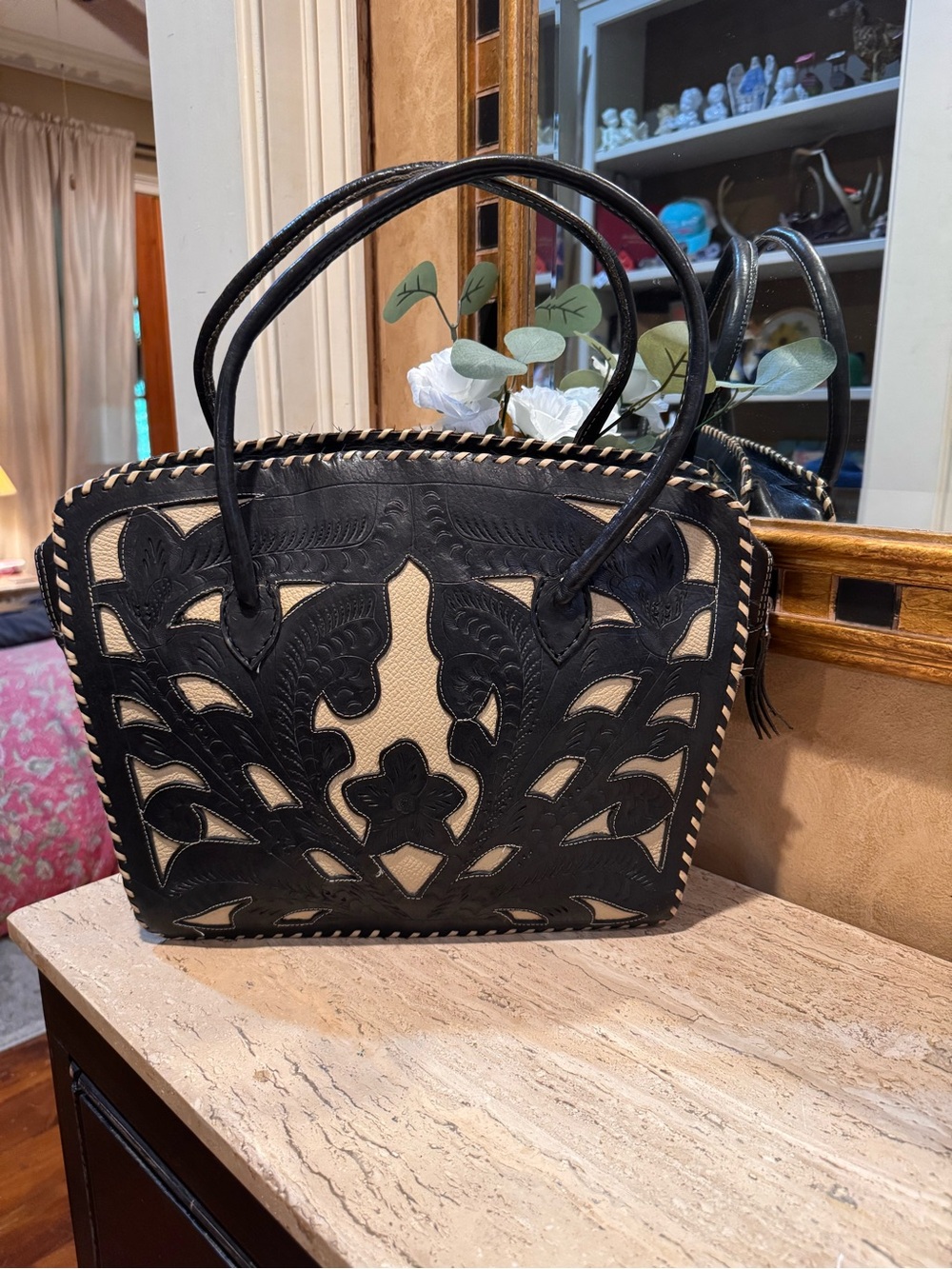 Black and Cream Cutout Leather Tote